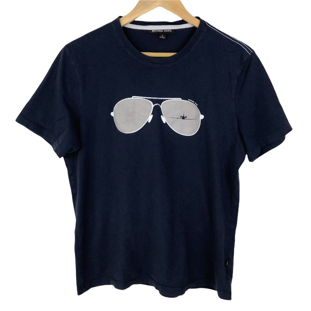 Michael Kors Men's Unisex Graphic T-Shirt Size M Aviator Glasses Airplane Blue